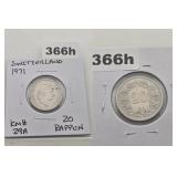 1971 Switzerland 20 Rappen Cupro-Nickel Coin