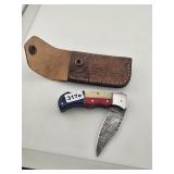 Damascus Steel Folding Knife Leather Sheath
