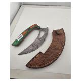 Damascus Steel Ulu Knife with Leather Sheath