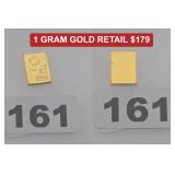 1 Gram Valcambi Fine Gold 999.9 Bullion Bar