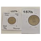1966 SPAIN 1 PESETA STAR 74 COPPER NICKEL COIN
