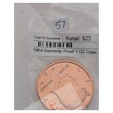 1964 Kennedy Proof 1 OZ Copper Round $130