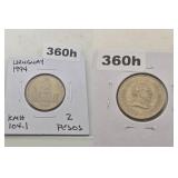 1994 Uruguay Dos Pesos Uruguayos Copper Coin