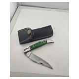Green Wood Handle Folding Knife With Case 268e
