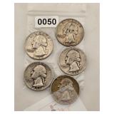 5 Vintage Silver Washington Quarters $240