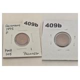 1995 F GERMANY 1 PFENNIG COPPER COIN KM# 105