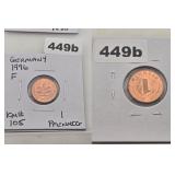 1996 F Germany 1 Pfennig Copper Plated Coin