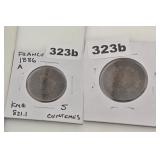 1886 A France 5 Centimes Copper Coin KM 821.1