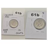 1981 Canada Bluenose Schooner 10 Cents Coin