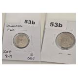 1962 Denmark 10 Ore Copper-Nickel Coin KM# 849