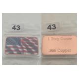 1 Oz .999 Copper American Flag Art Bullion Bar