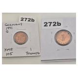 1991 G Germany 1 Pfennig Copper Plated Coin