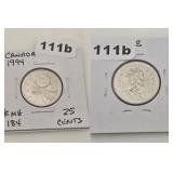 1994 Canada 25 Cents Elizabeth II Caribou Coin