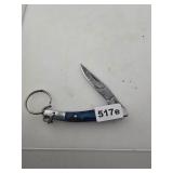 Damascus Steel Folding Knife Keychain Blue Handle