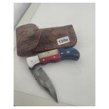 Texas Flag Damascus Steel Folding Pocket Knife