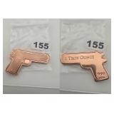 1 Oz 999 Copper Handgun Pistol Bullion Bar