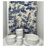 CORNING WARE BAKING SET, BLUE TOILE TABLECLOTH