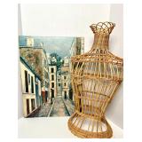 VTG WICKER DRESS FORM, MAURICE UTRILLO ARTWORK