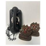 BLACK ROTARY PHONE, (2) CAST IRON SHIP BOOKENDS