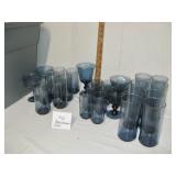 Misc. Blue, Brown & Green Glasses and Storage Tote