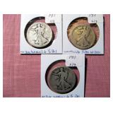 (3) Walking Liberty Half Dollars-Dates Unreadable