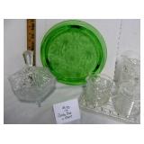 Green Depression Glass Cake Plate & Misc.