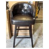 (1) Leather Bar Stool w/Wood Pedestal
