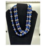 Triple Strand Blue Faceted and Gold Toned Filigree