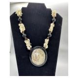 Shell Chip and Black Bead Necklace with Oval Penda