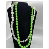 Two Beaded Necklaces with Green and White Beads