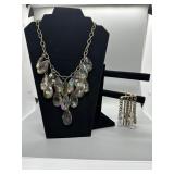 Two Brass Tone Jewelry Pieces with Iridescent and