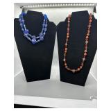 Two Beaded Necklaces in Red Orange and Blue Purple