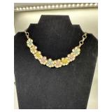 Gold Tone Enamel Flower Necklace with Beaded Cente