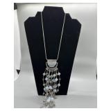 Silver Toned Beaded Fringe Long Necklace