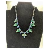 Vintage Blue and Green Rhinestone and Glass Leaf N