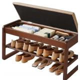 Shoe Rack Bench with Cushion, 2-Tier Wood