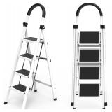 4 Step Ladder: Folding Stool, Anti-Slip, White