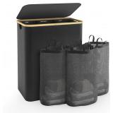 Laundy Hamper with Lid 160L 3-Section Black