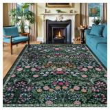 Dark Green 8x10 Floral Washable Rug, Non-Slip