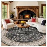$180 10ft Round Washable Rug - Black Floral
