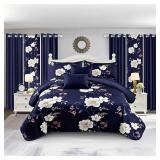 $103 King Size 9-Piece Bed in a Bag Navy/White