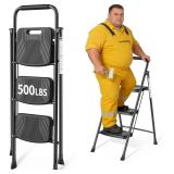 3-Step Folding Ladder, Anti-Slip, Black