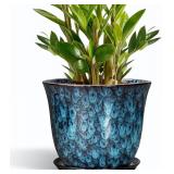 10 Inch Ceramic Plant Pot with Drainage, Blue