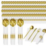Gold Plastic Cutlery Set with Napkin