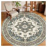$130 Washable Oriental Area Rug 9ft Round (Blue)