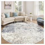 8ft Round Area Rug   8x8, Washable, Beige/Blue