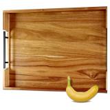 Acacia Wood Serving Tray with Black Handles