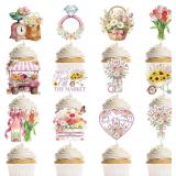 36pcs Pink Floral Bridal Cupcake Toppers