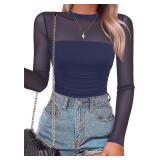 (XL) SAUNGKUAI Mesh Bodysuit Mock Neck Ruched