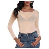 Womens Mesh Tops Long Sleeve See-Through Top